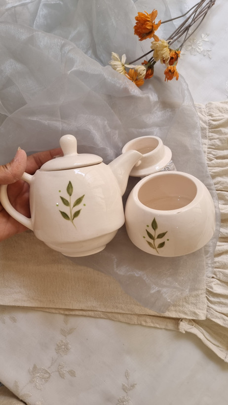 قوری و قندان سرامیکی برگی دست ساز