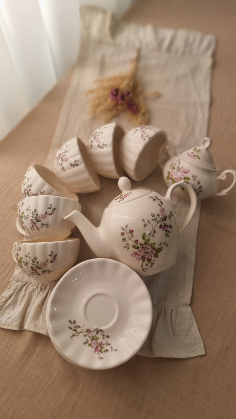 سرویس چای خوری سرامیکی شکوفه صورتی دست ساز